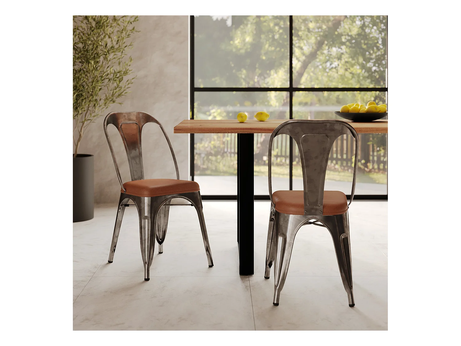 Lot de 2 chaises en métal gris et cuir synthétique marron - Charly