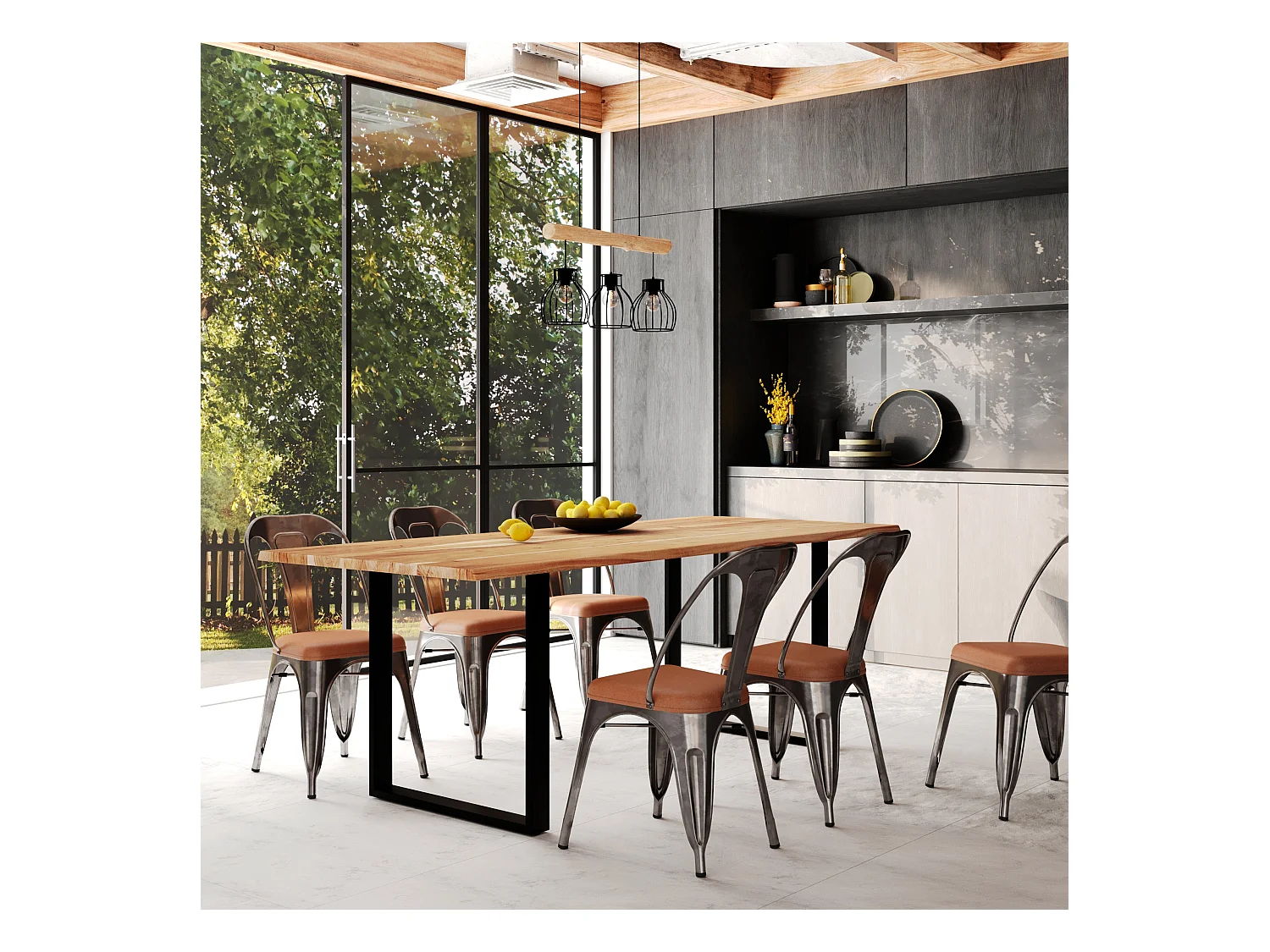 Lot de 2 chaises en métal gris et cuir synthétique marron - Charly