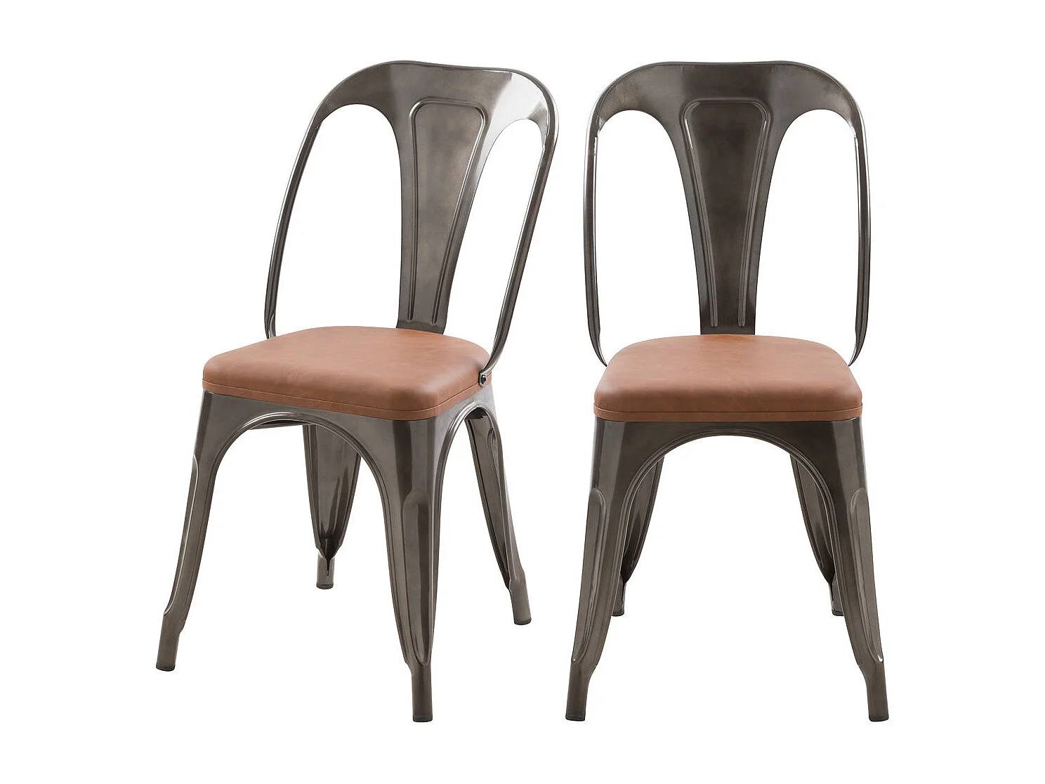 Lot de 2 chaises en métal gris et cuir synthétique marron - Charly