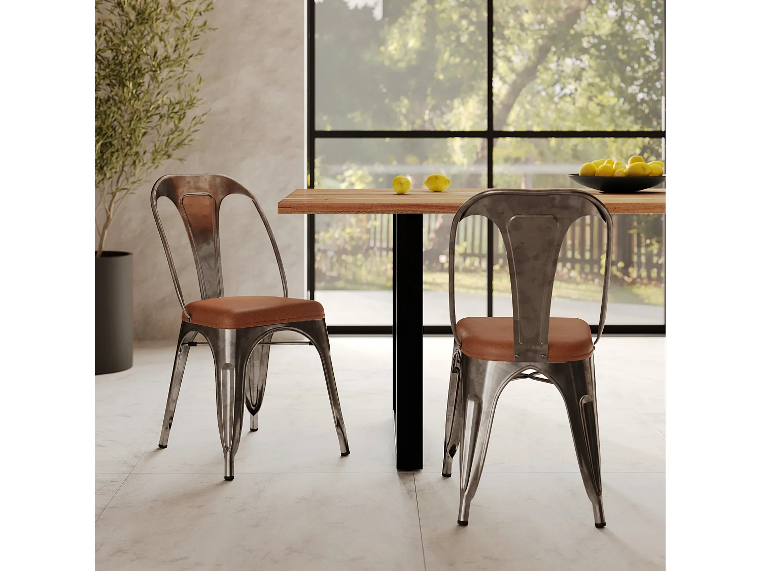 Lot de 2 chaises en métal gris et cuir synthétique marron - Charly