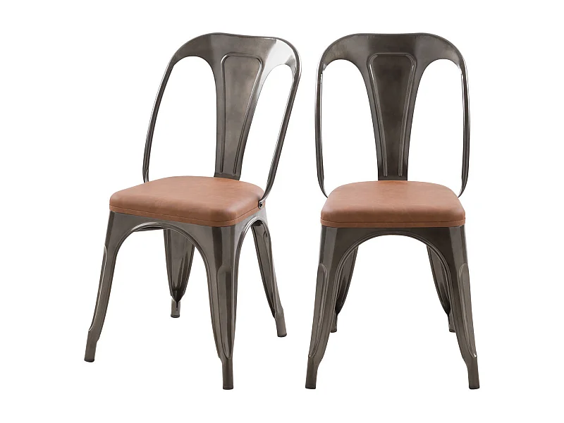 Lot de 2 chaises en métal gris et cuir synthétique marron - Charly