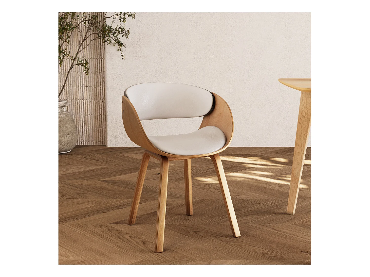 Chaise en bois clair et PU blanc - Adelmar