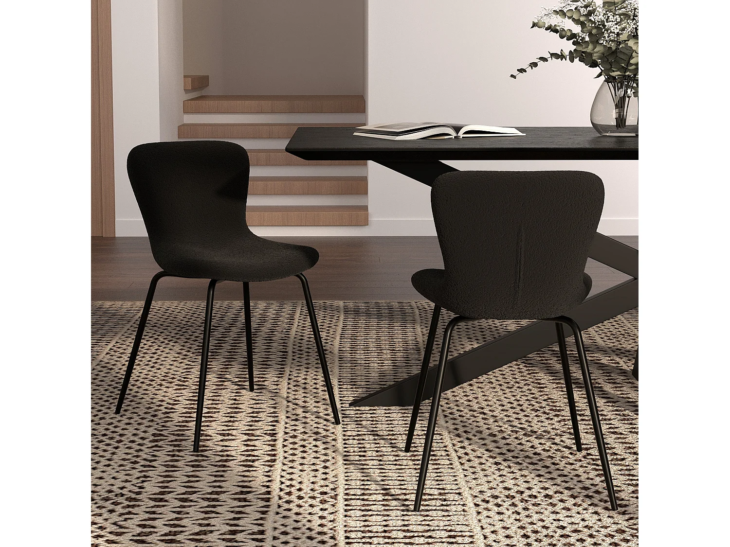 Lot de 2 chaises effet laine bouclette noire et pieds en métal - Koko