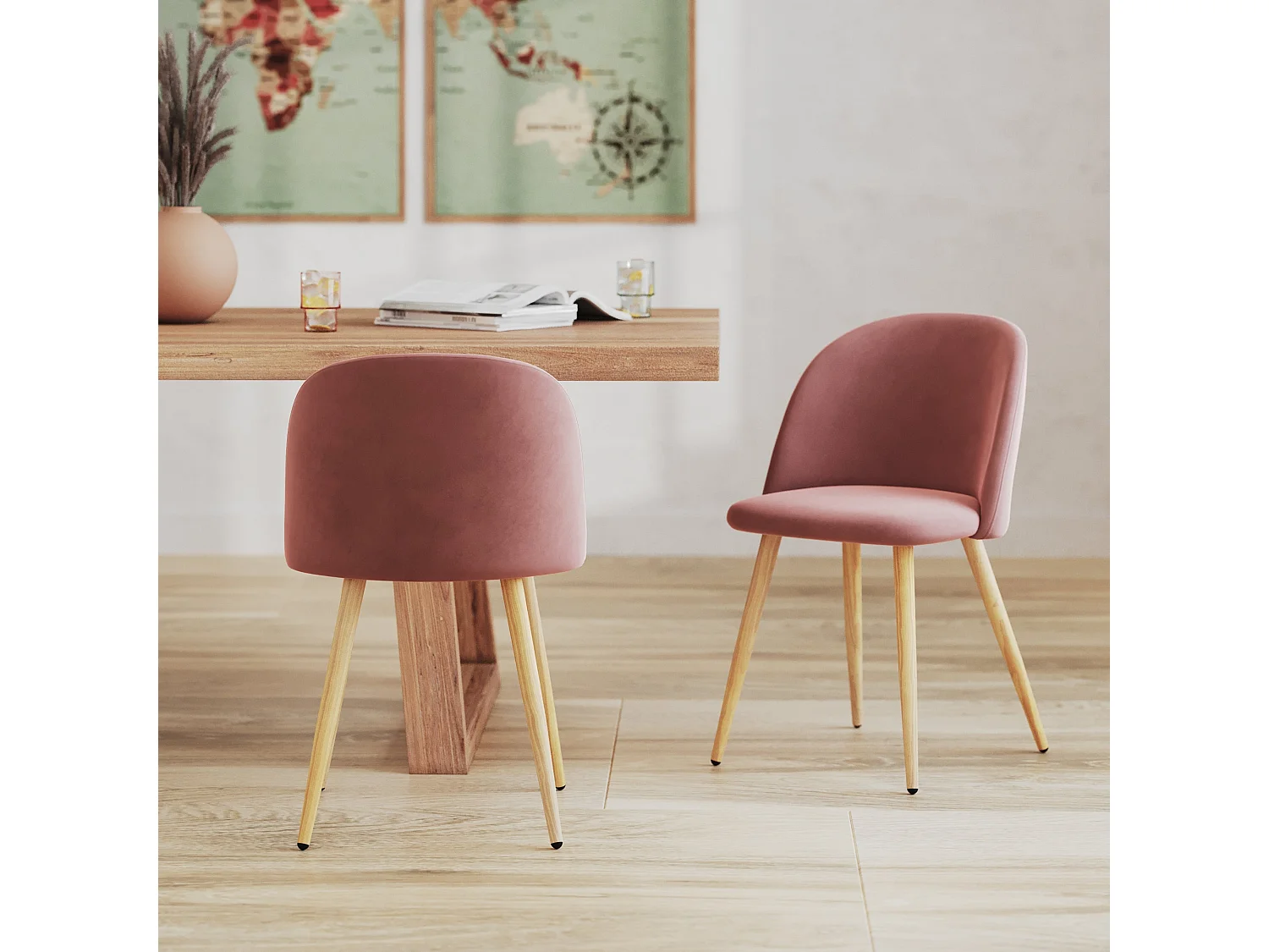 Lot de 2 chaises en velours rose et pieds en métal - Cozy