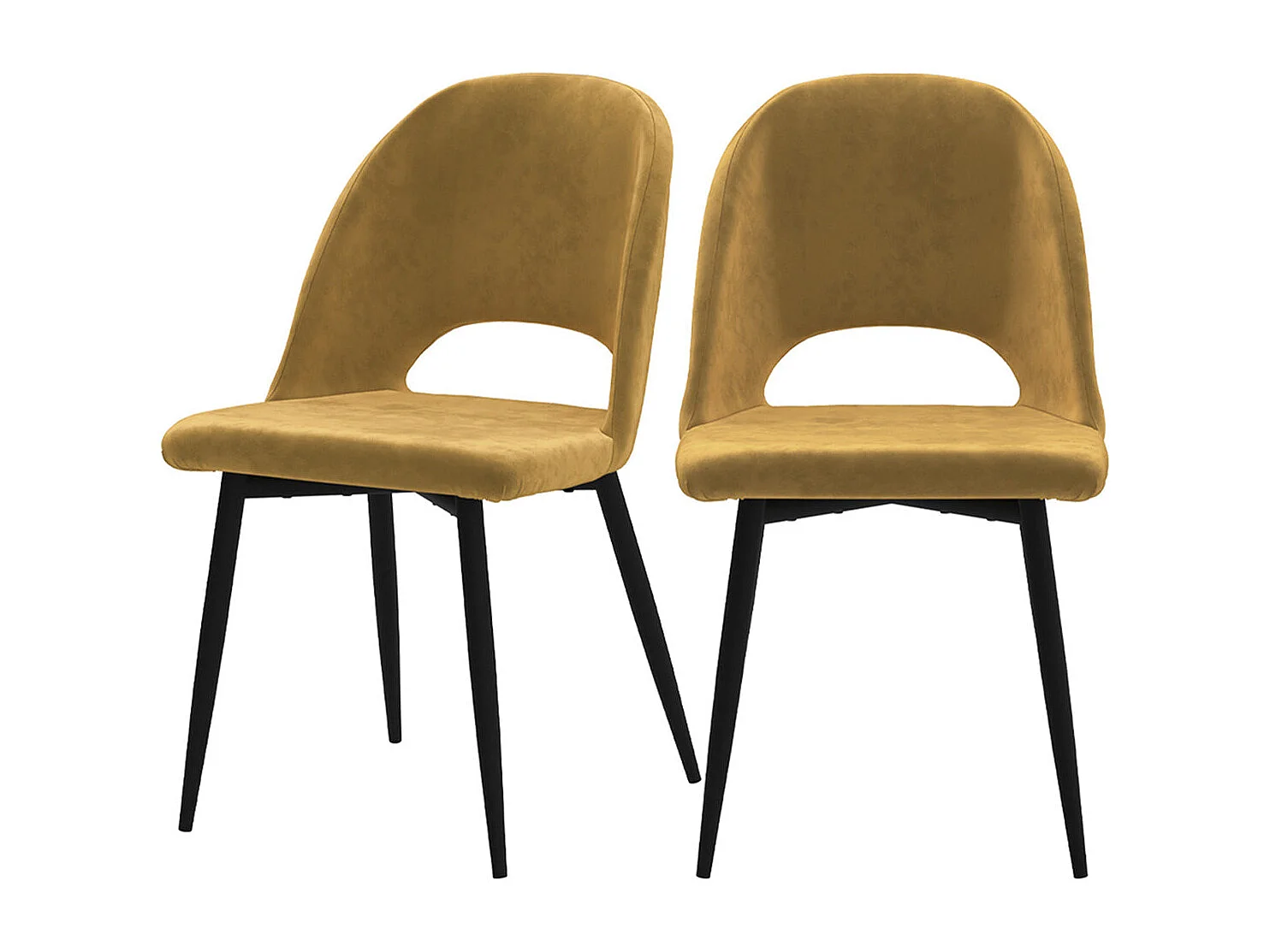 Lote de 2 sillas de terciopelo amarillo con patas de metal negro
