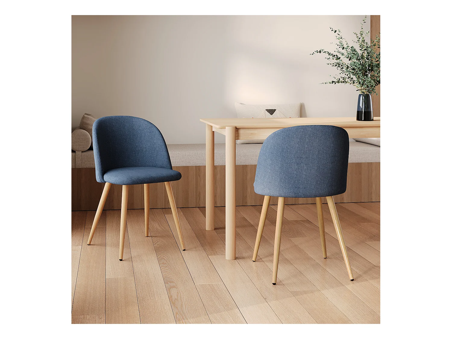 Juego de 2 sillas Cozy de tela azul y patas de metal efecto madera