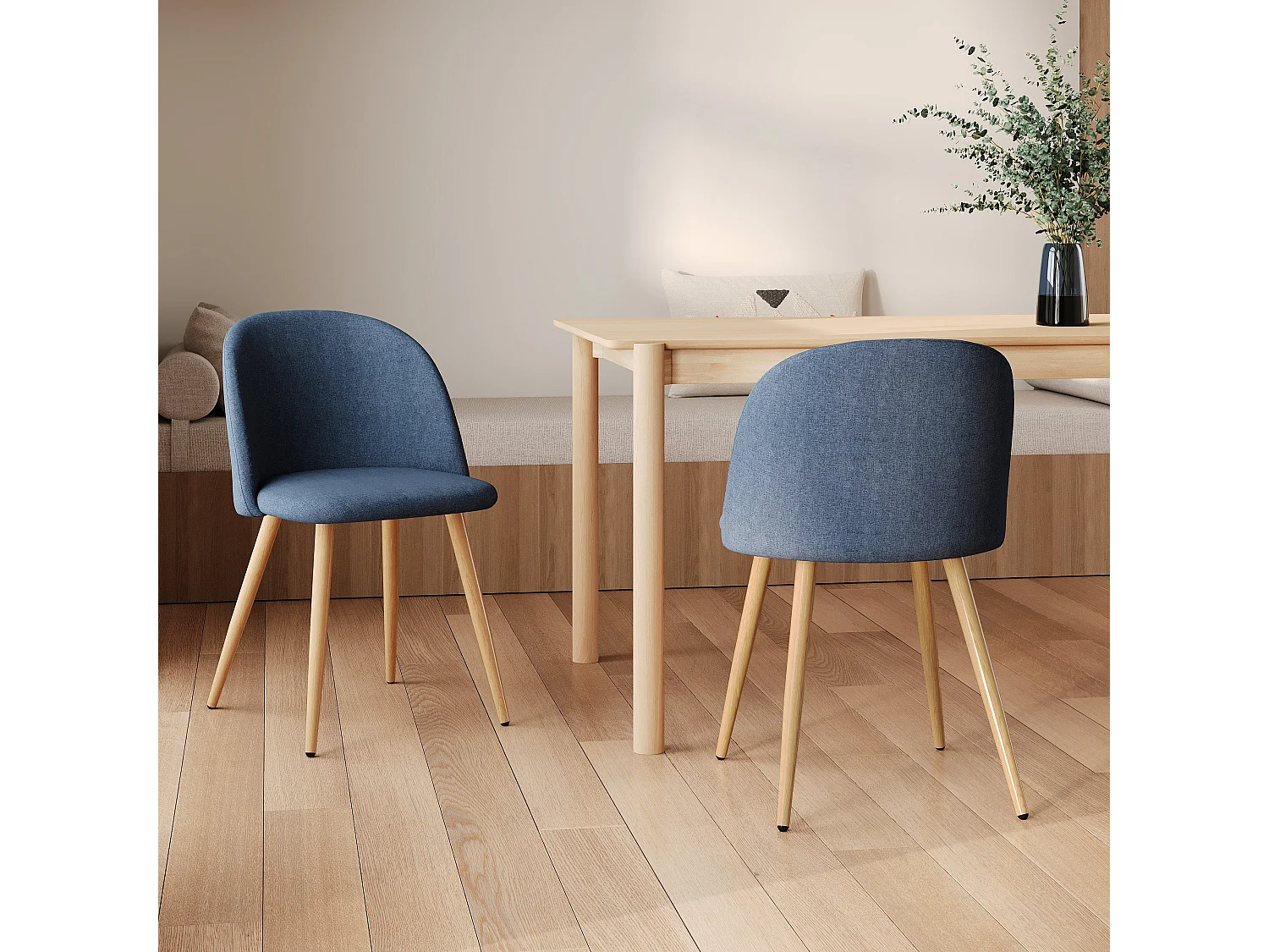 Set di 2 sedie Cozy in tessuto blu e gambe in metallo effetto legno