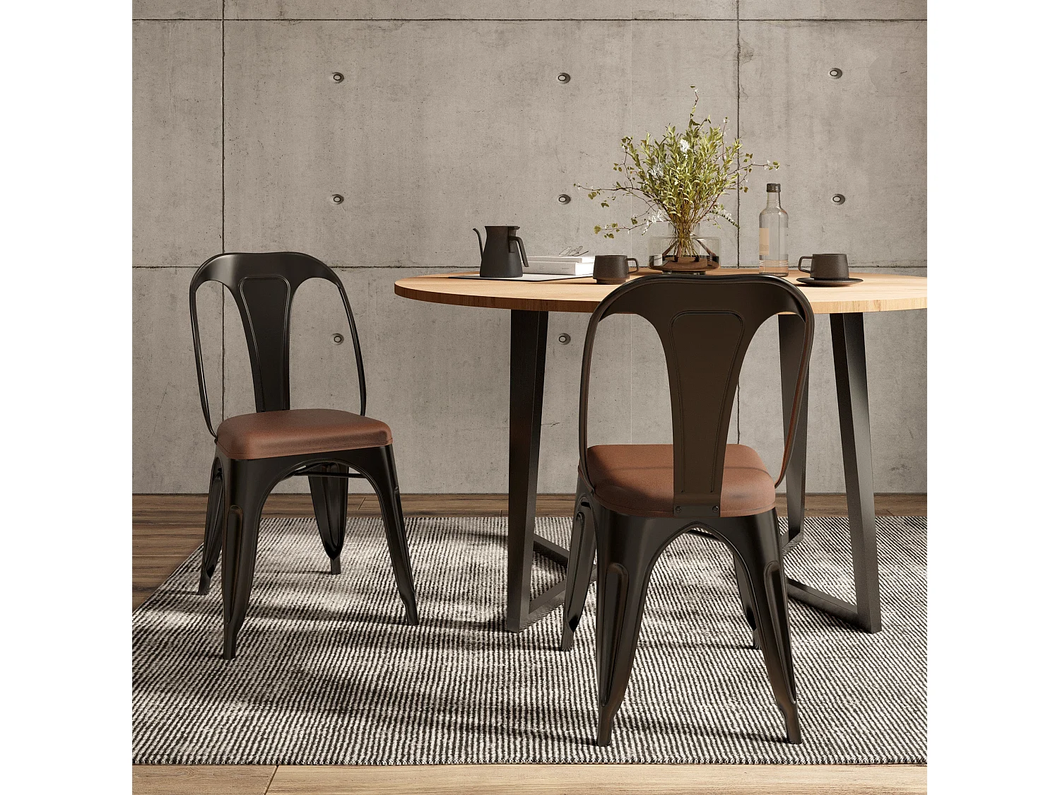 Lot de 2 chaises en métal noir et cuir synthétique marron - Charly