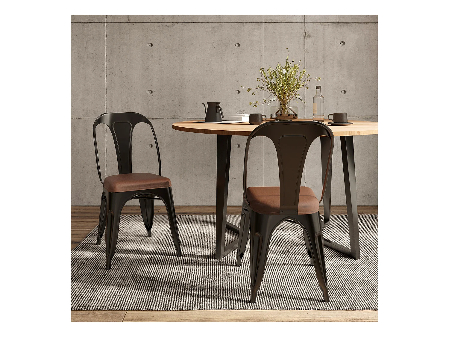 Lot de 2 chaises en métal noir et cuir synthétique marron - Charly