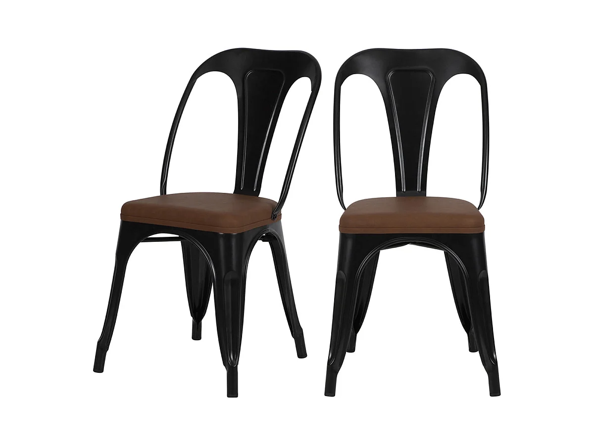 Lot de 2 chaises en métal noir et cuir synthétique marron - Charly