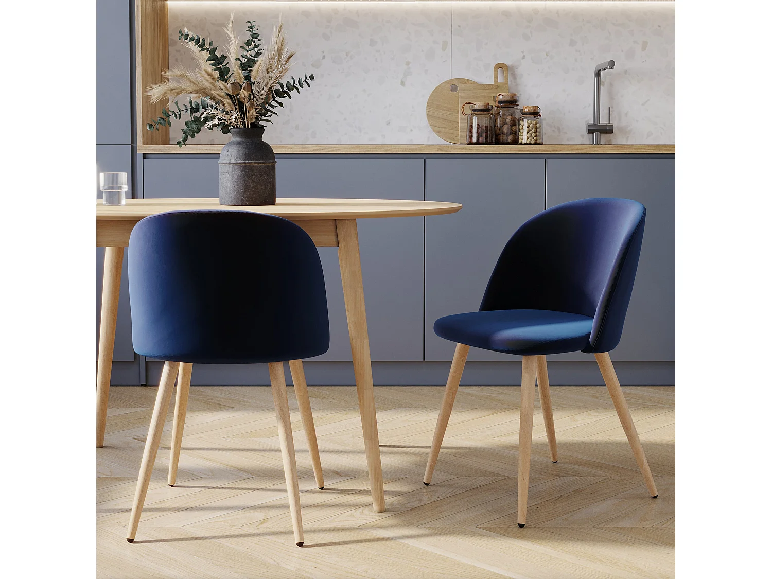 Lot de 2 chaises en velours bleu foncé et pieds en métal - Cozy