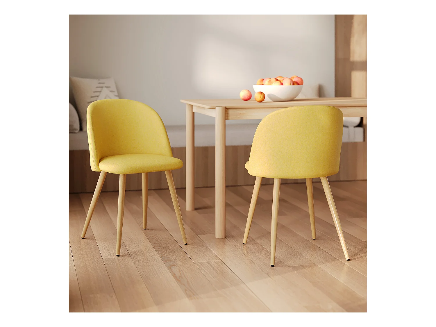 Juego de 2 sillas de tela amarilla con patas de metal efecto madera