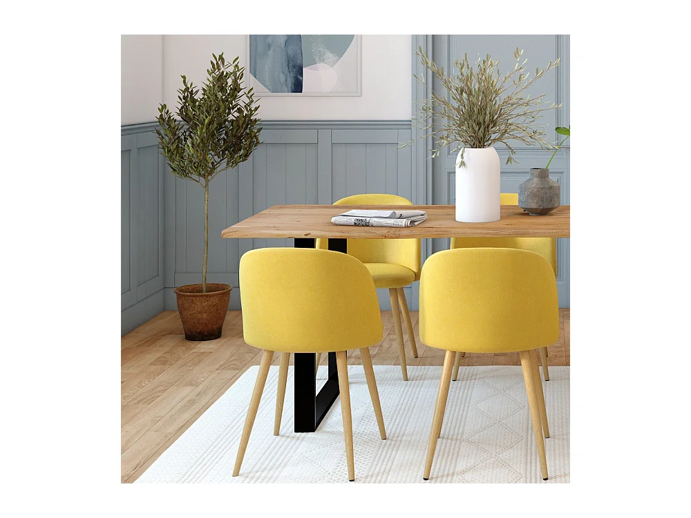 Juego de 2 sillas de tela amarilla con patas de metal efecto madera