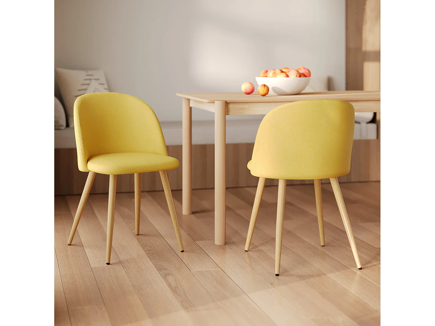 Juego de 2 sillas de tela amarilla con patas de metal efecto madera