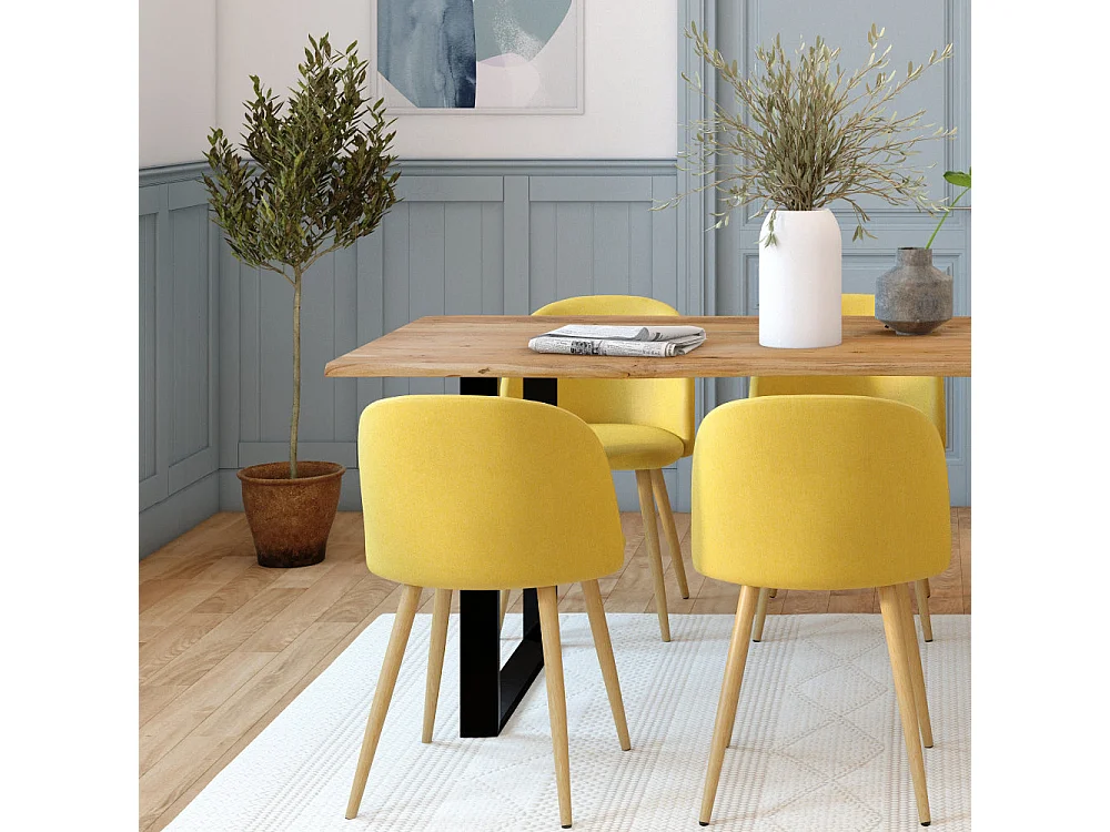 Juego de 2 sillas de tela amarilla con patas de metal efecto madera