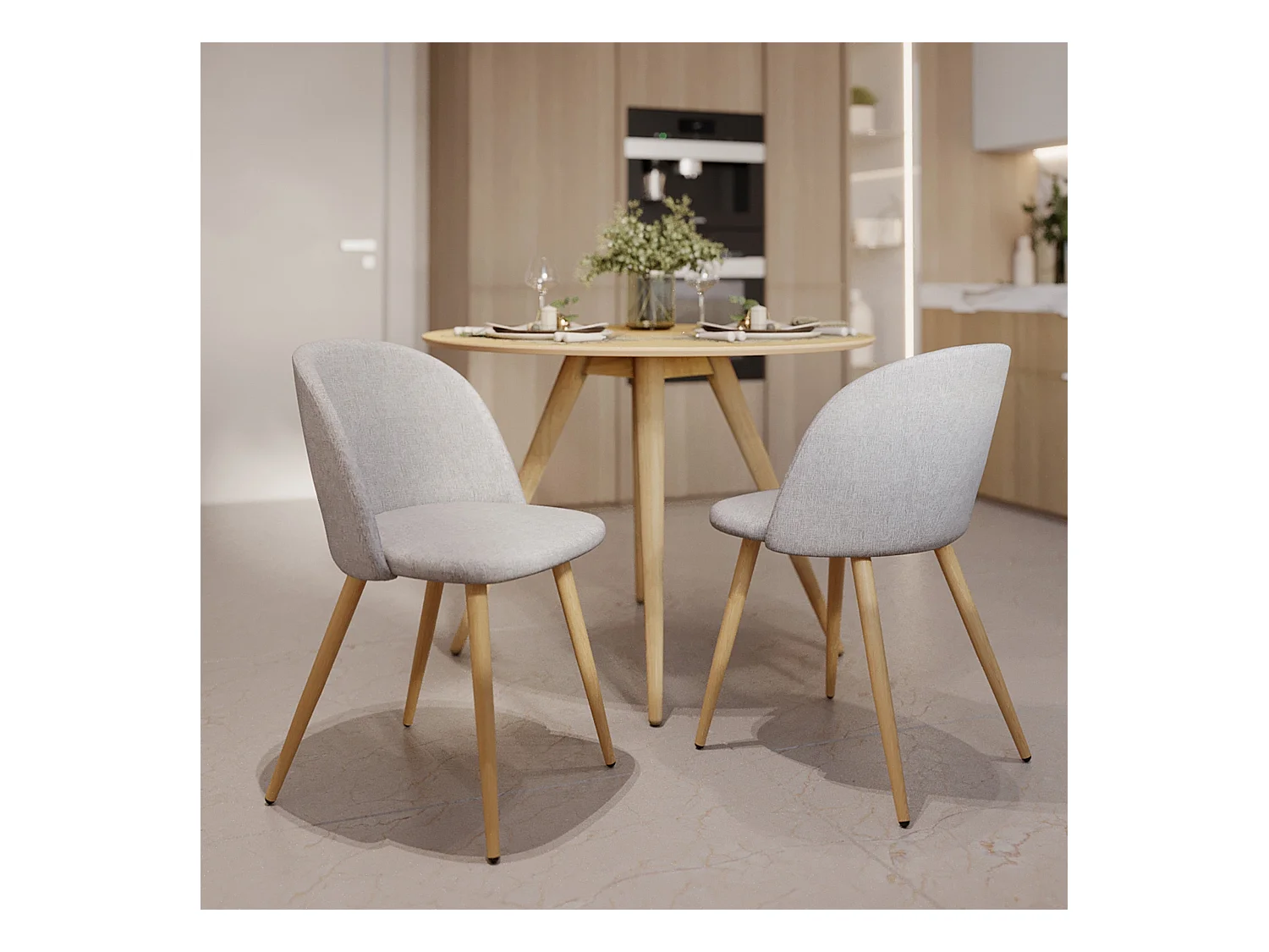 Sedia Cozy in tessuto grigio chiaro mélange (set da 2) con gambe in metallo effetto legno