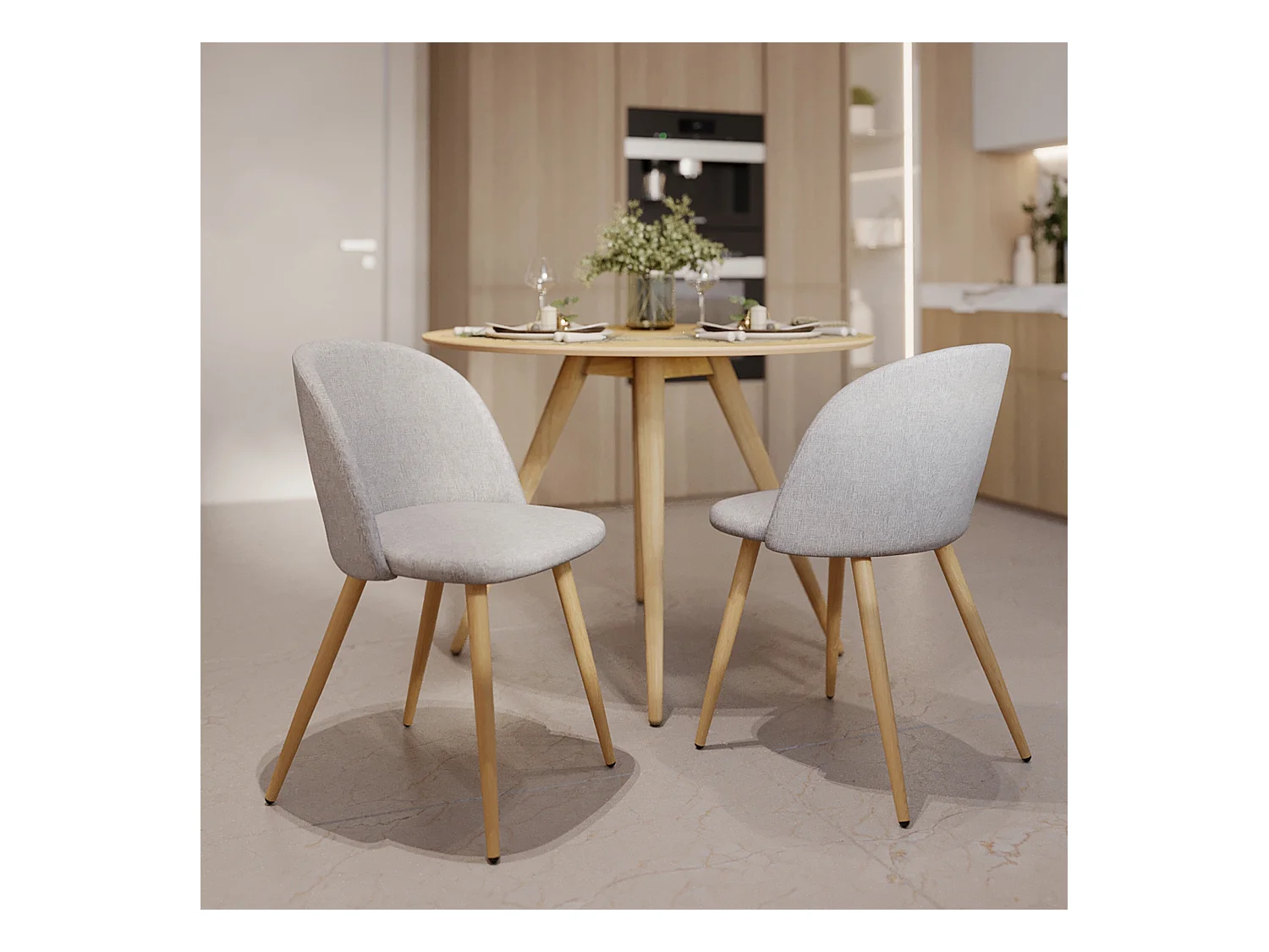 Silla Cozy de tela gris claro jaspeado (juego de 2) con patas de metal efecto madera