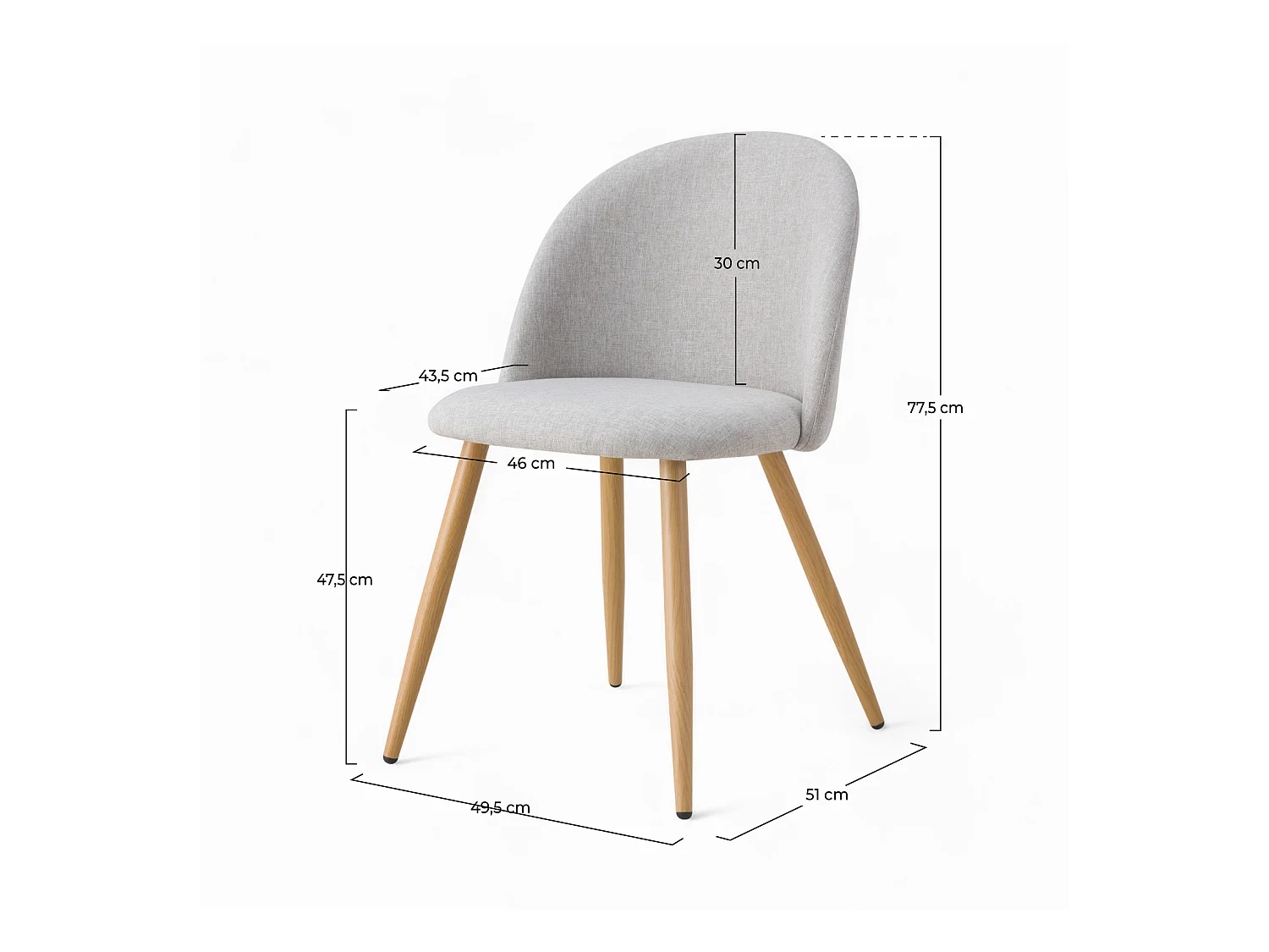Silla Cozy de tela gris claro jaspeado (juego de 2) con patas de metal efecto madera