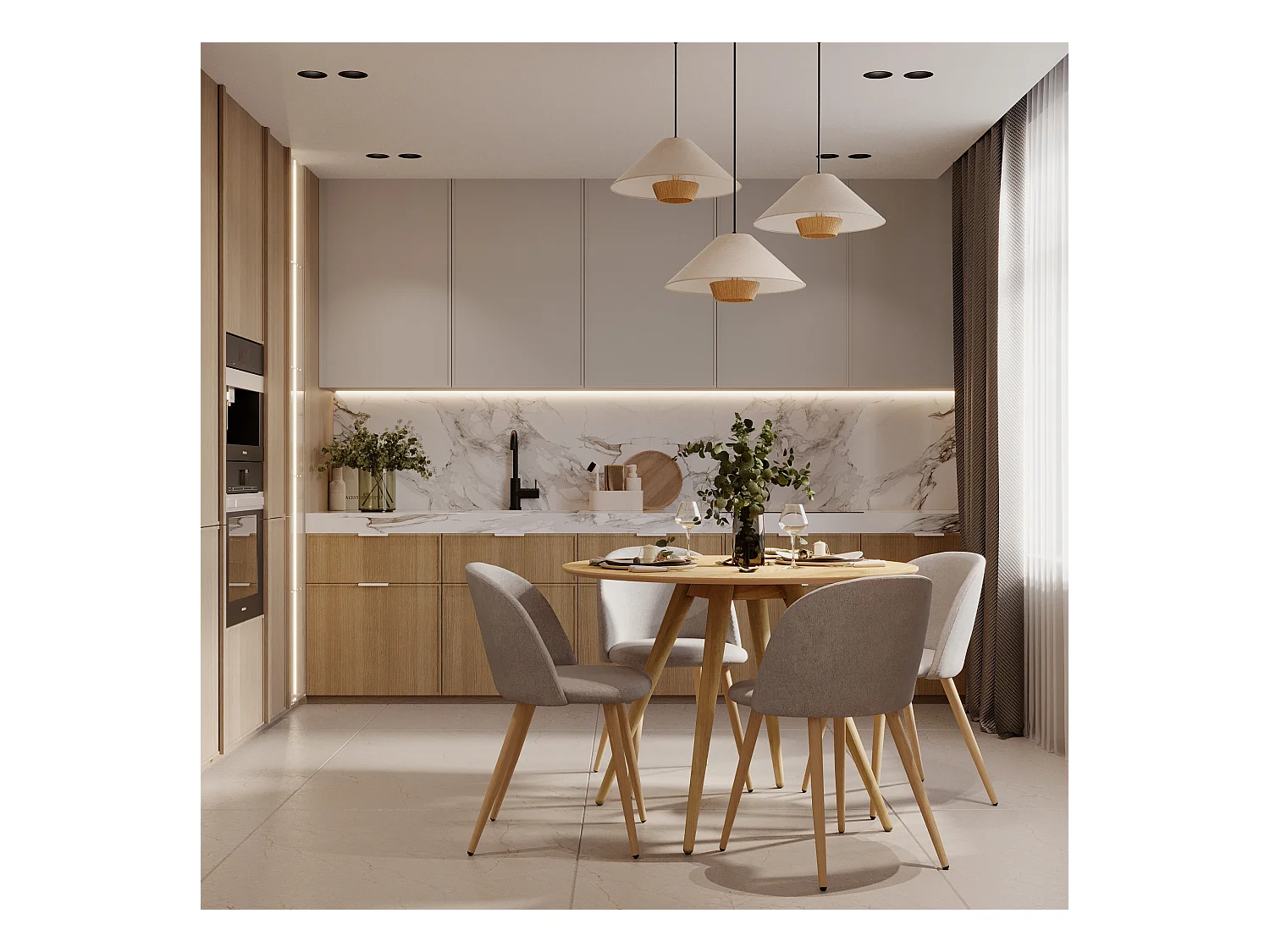 Silla Cozy de tela gris claro jaspeado (juego de 2) con patas de metal efecto madera