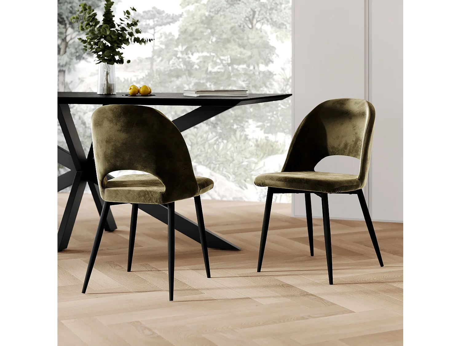 Lot de 2 chaises en velours vert et pieds en métal noir - Pénélope