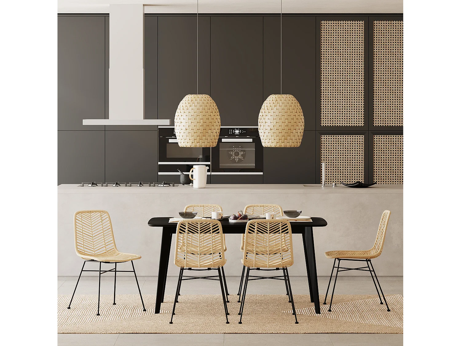 Set di 2 sedie in rattan naturale con gambe in metallo nero - Tamara