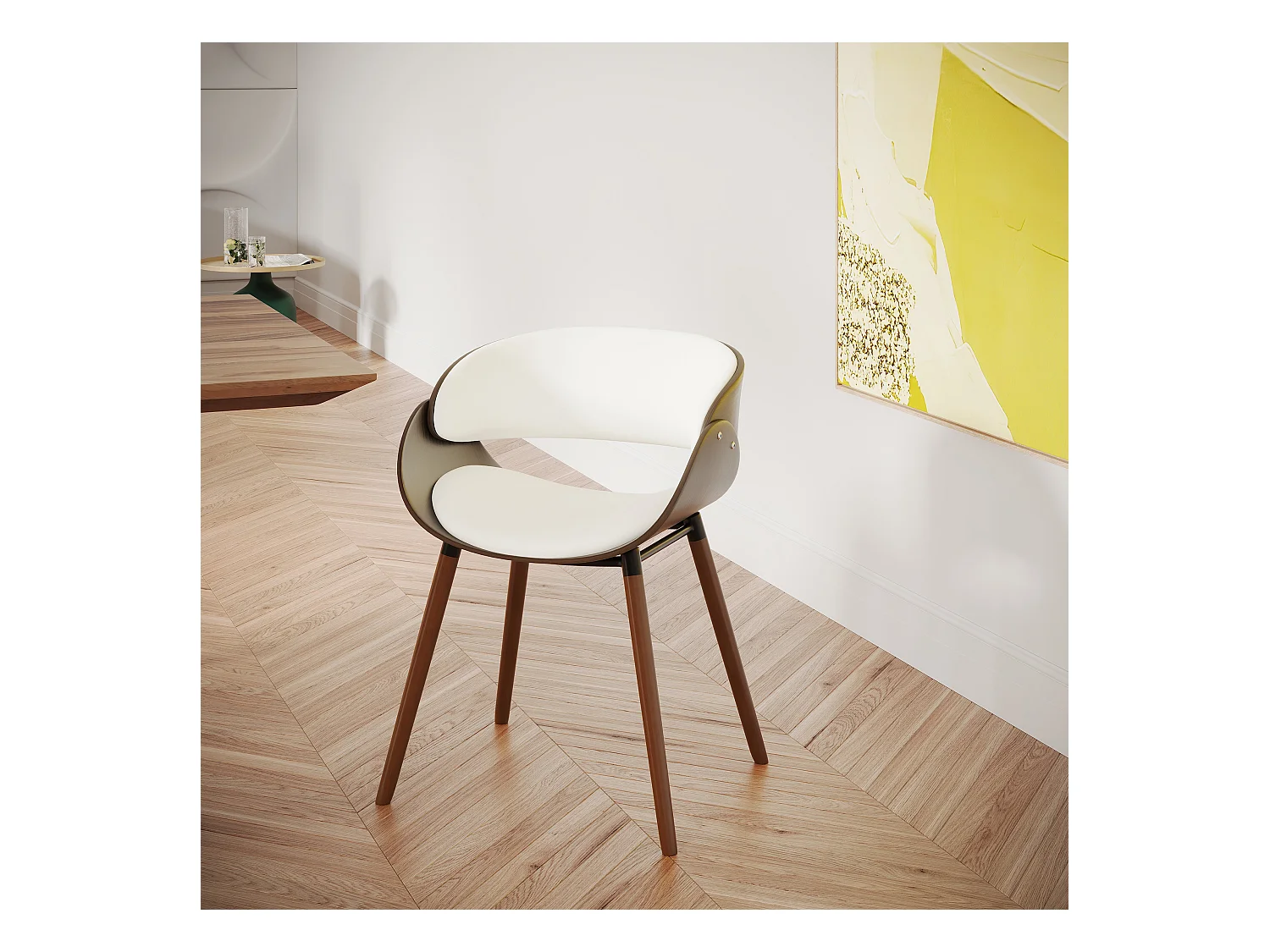 Silla Polo blanca de cuero sintético y madera chapada en nogal