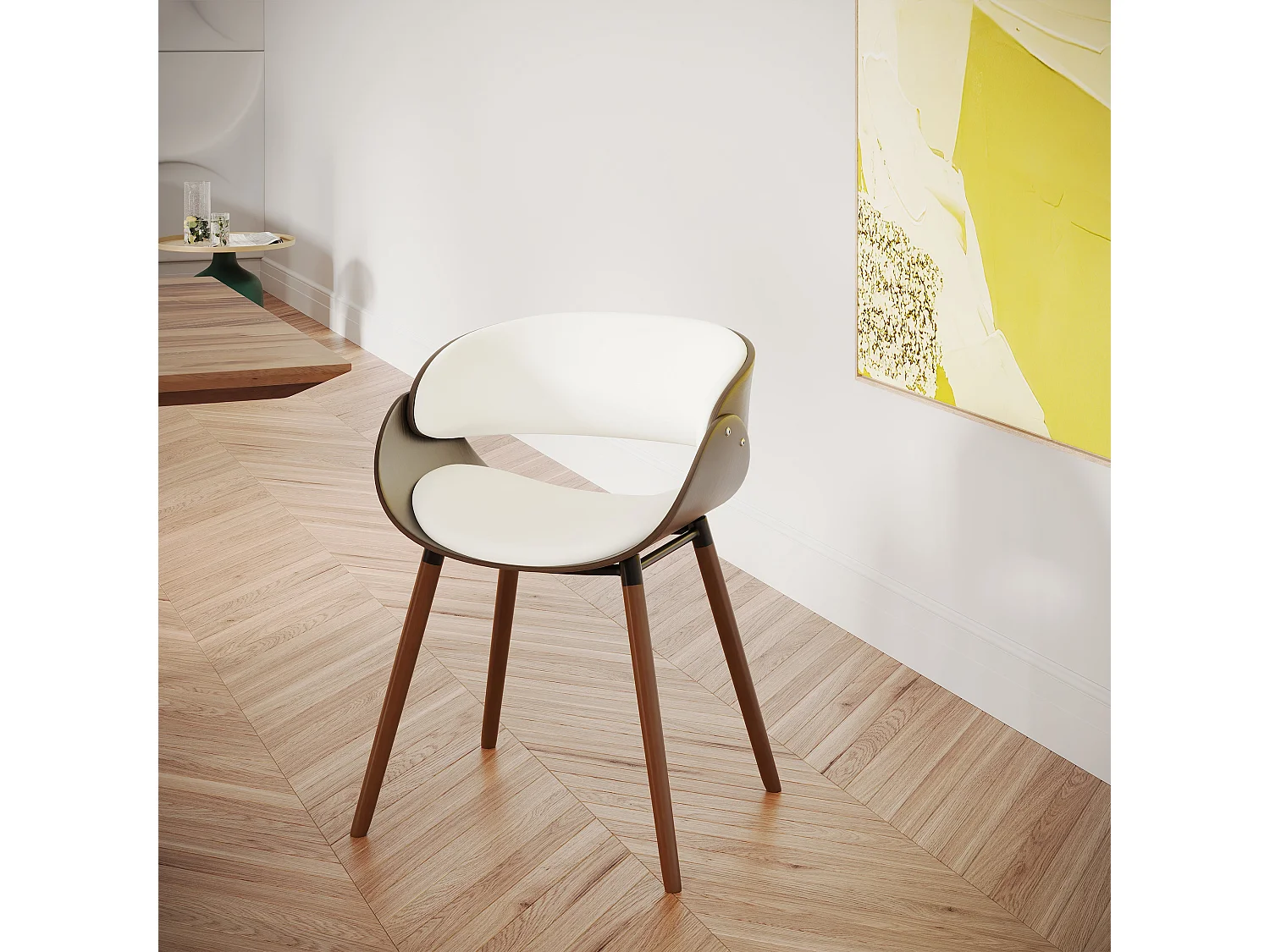 Chaise en cuir synthétique blanc et bois plaqué noyer - Polo