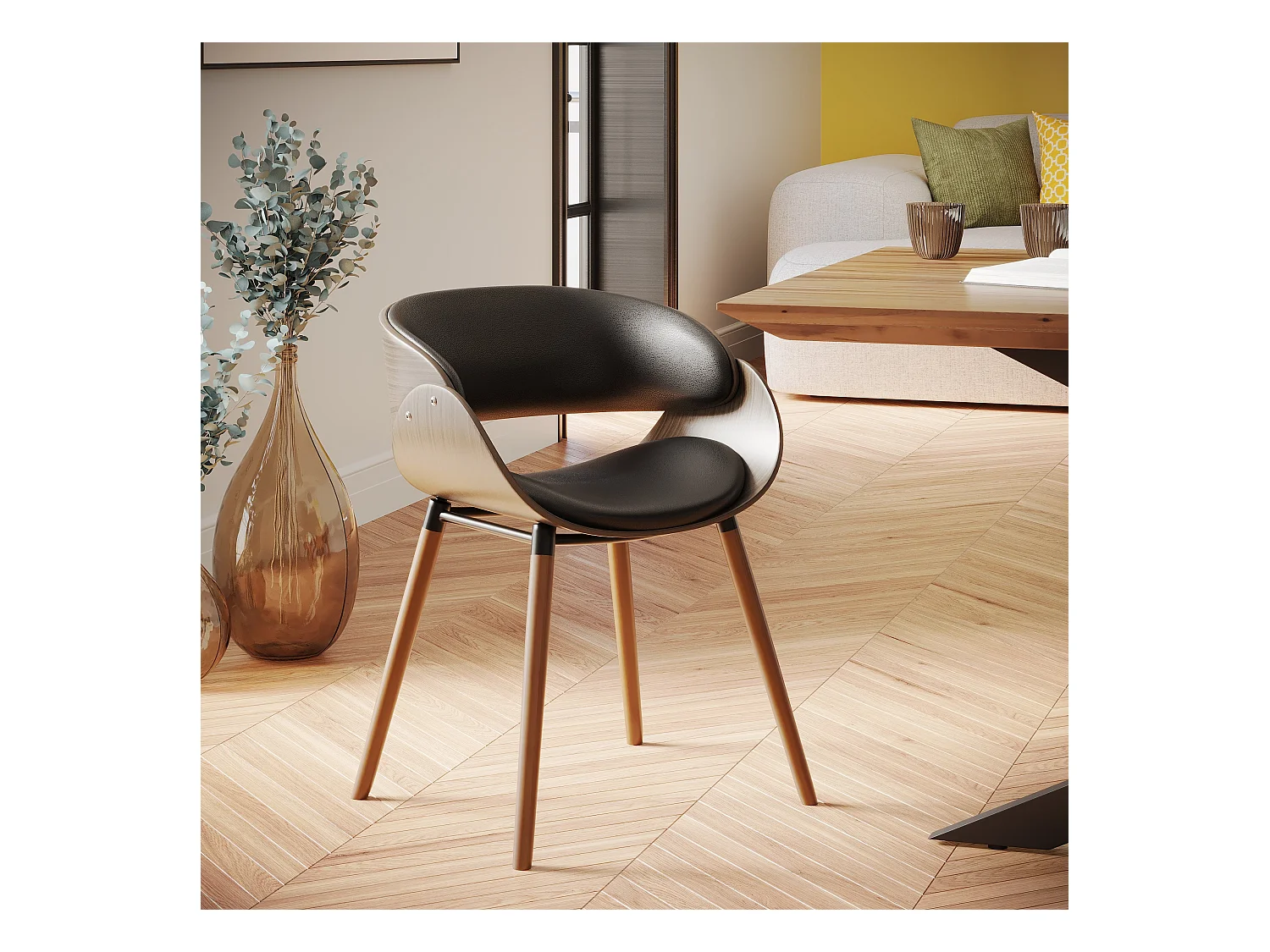 Silla Polo negra de cuero sintético y madera chapada en nogal