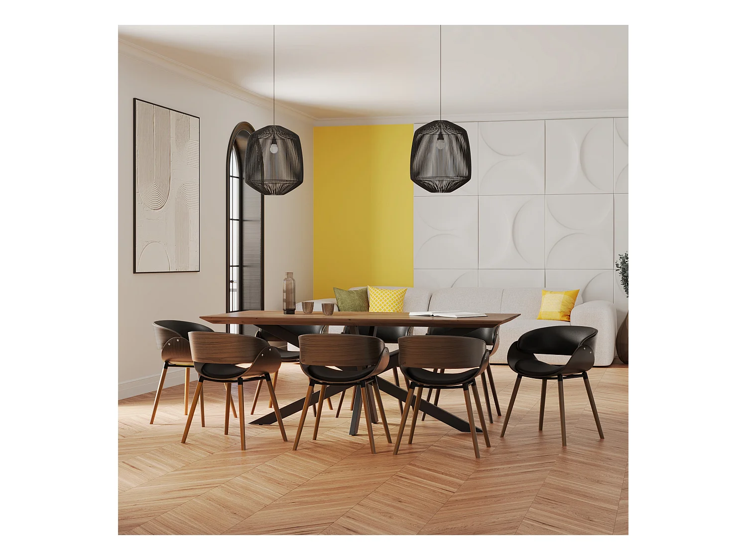 Silla Polo negra de cuero sintético y madera chapada en nogal