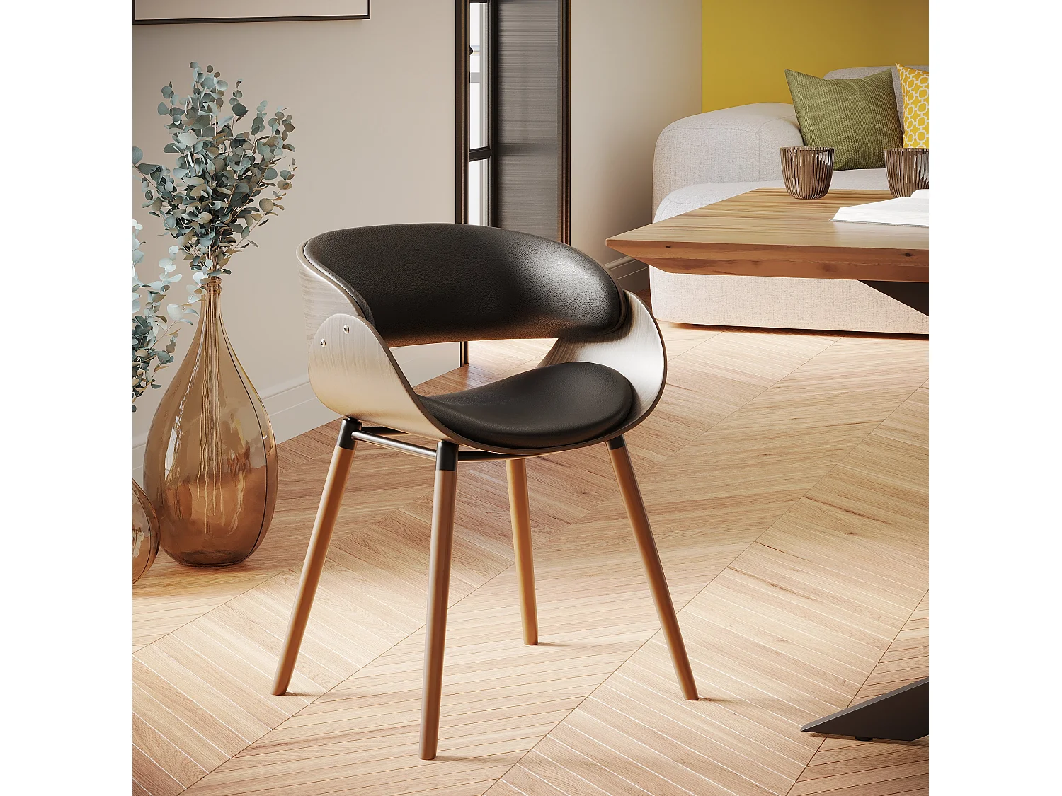 Silla Polo negra de cuero sintético y madera chapada en nogal