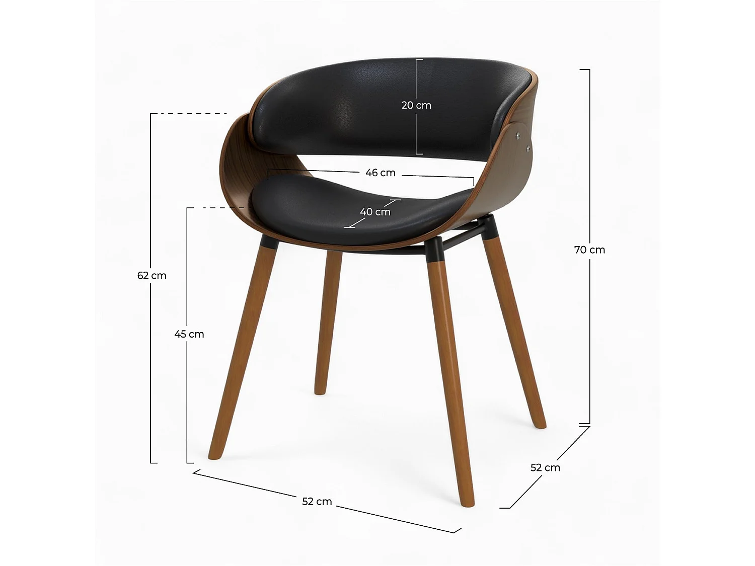 Silla Polo negra de cuero sintético y madera chapada en nogal