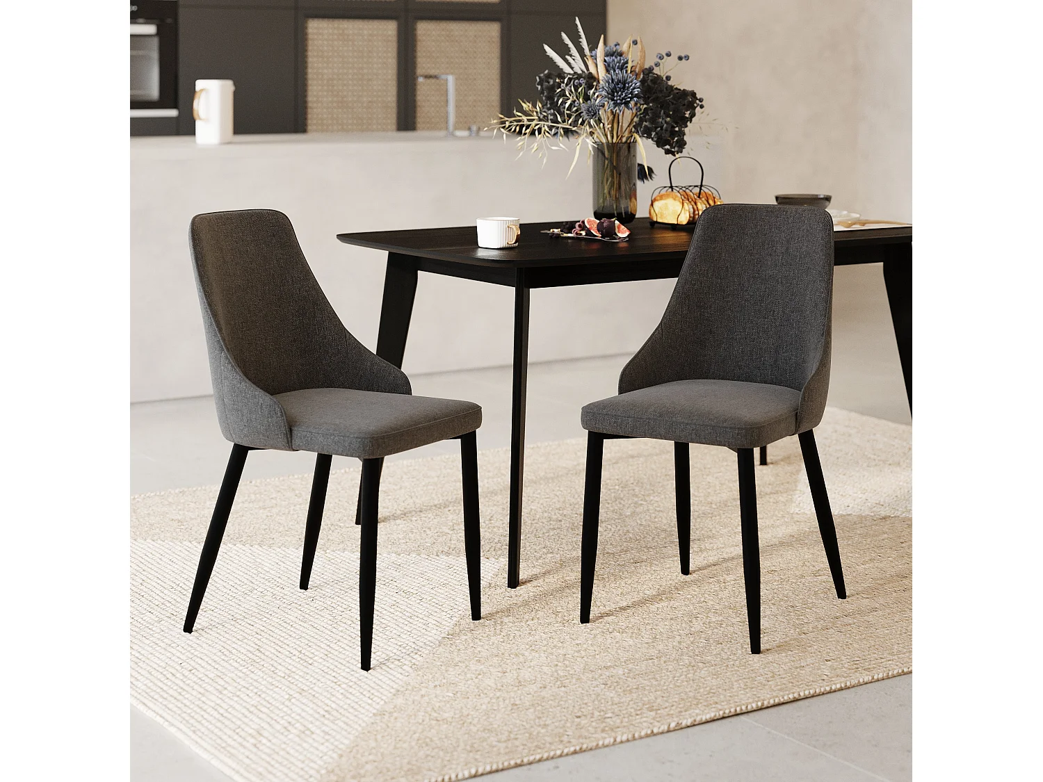 Lot de 2 chaises en tissu gris foncé et pieds en métal - Pipo