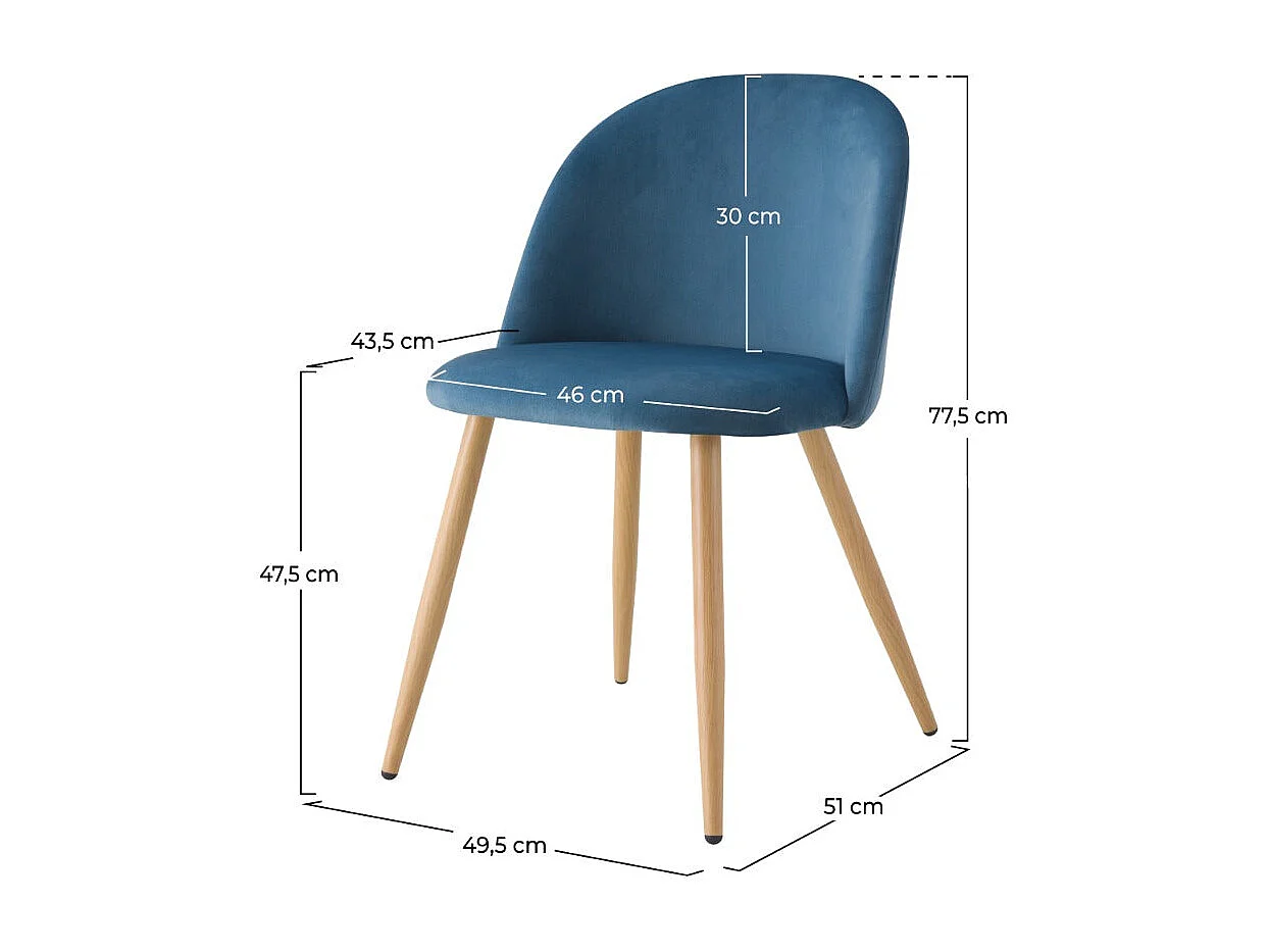 Lot de 2 chaises en velours bleu et pieds en métal - Cozy