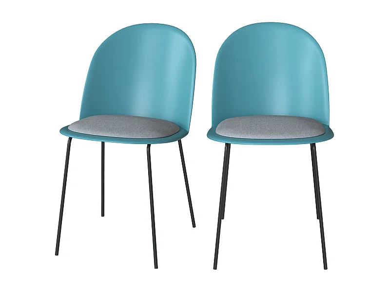Lot de 2 chaises bleues en plastique, tissu gris et pieds en métal - Lulu