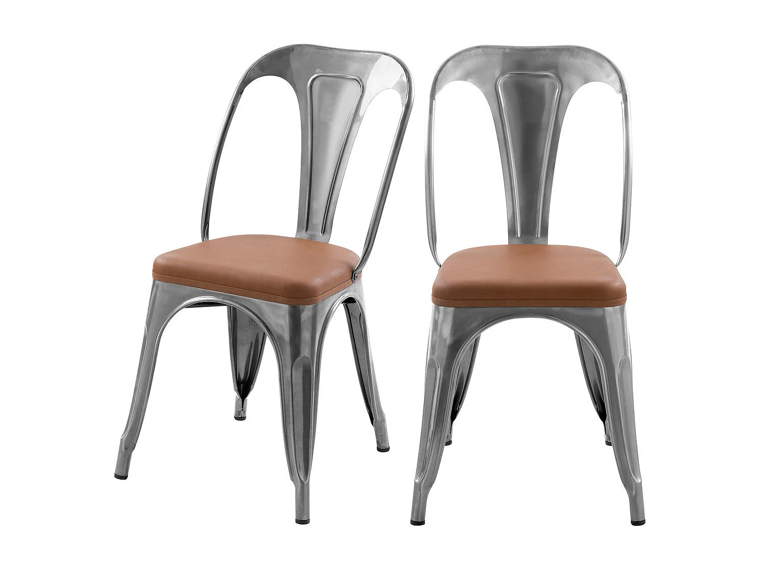 Lot de 2 chaises en métal chrome et cuir synthétique marron - Charly