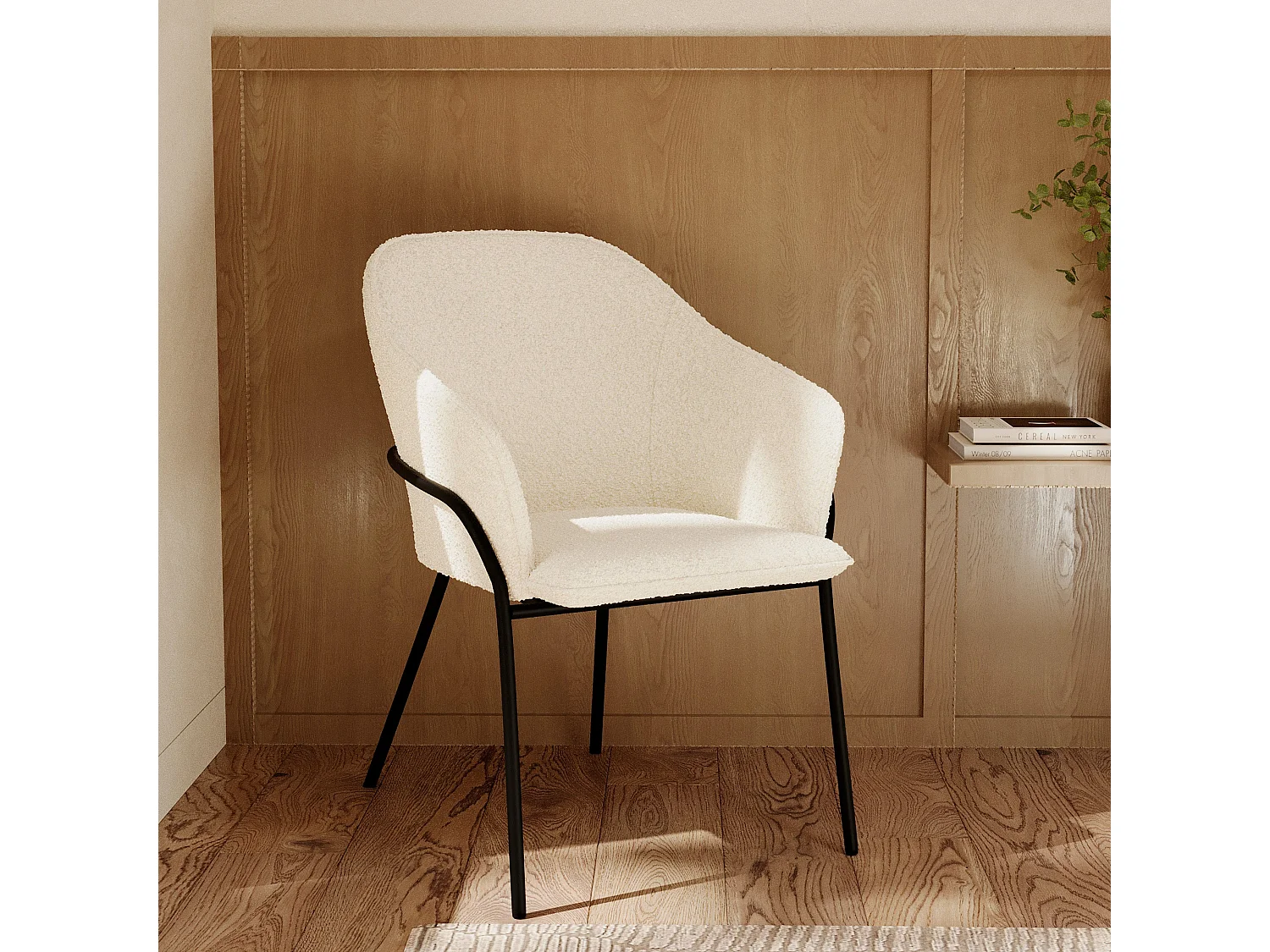 Silla con efecto bouclette de lana blanca y patas de metal - Toscane