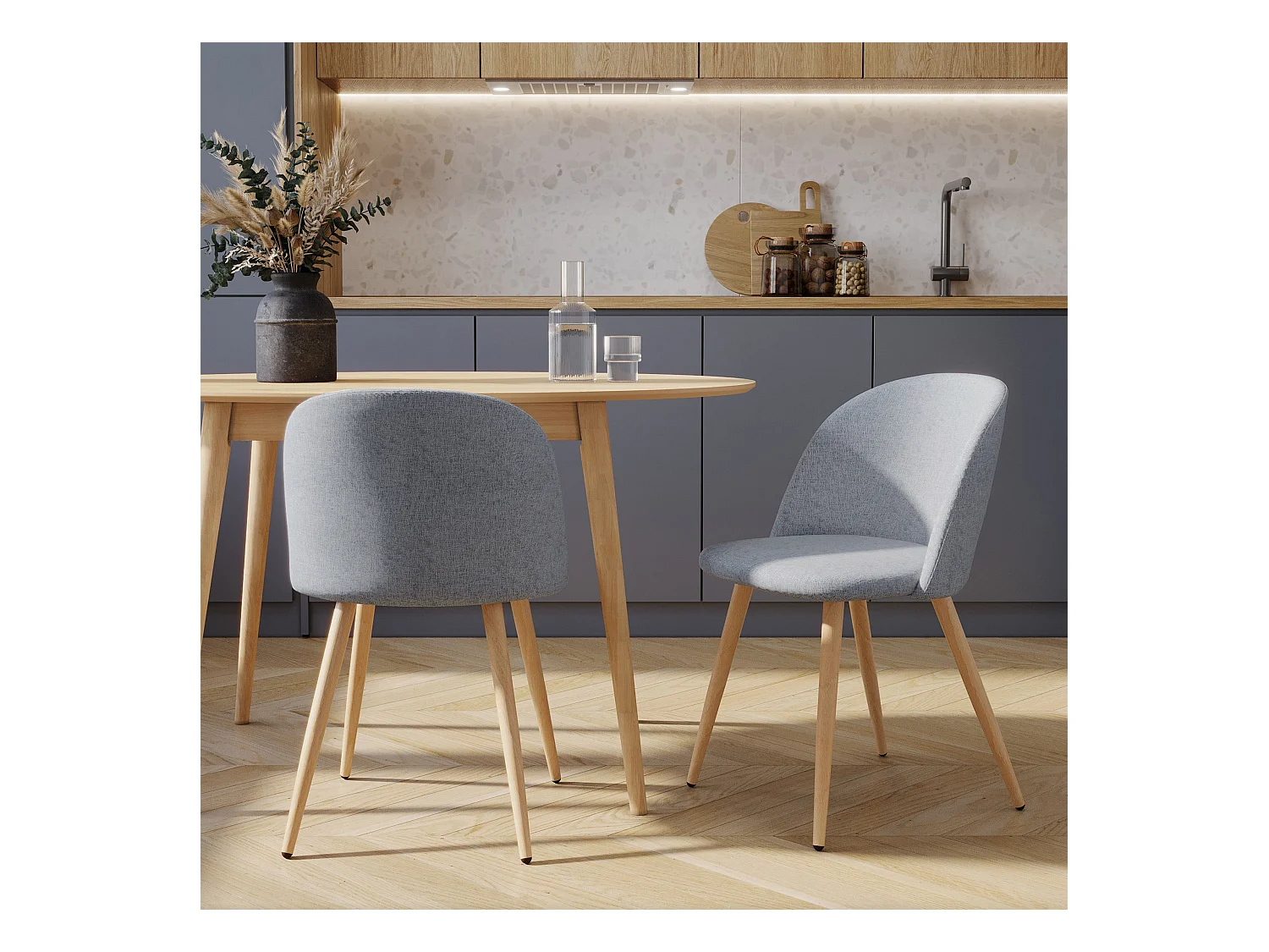 Set di 2 sedie Cozy in tessuto grigio chiaro e gambe in metallo effetto legno