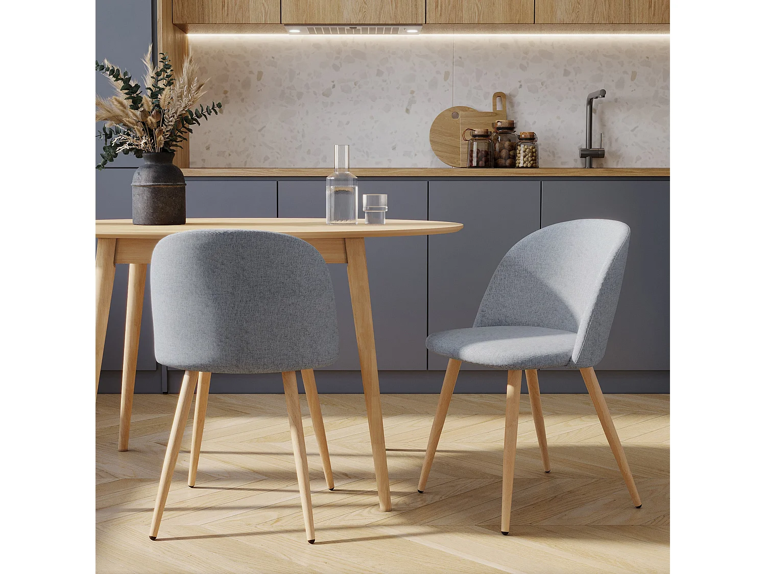 Juego de 2 sillas Cozy de tela gris claro y patas de metal efecto madera