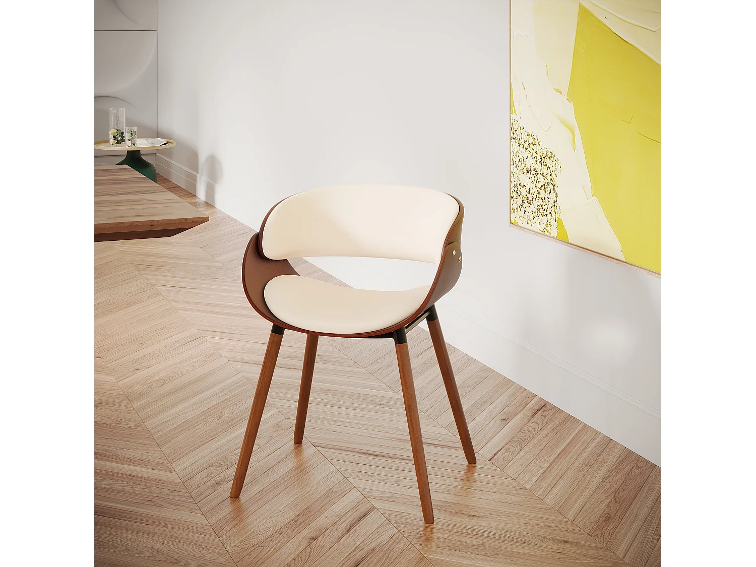 Silla Polo beige de cuero sintético y madera chapada en nogal