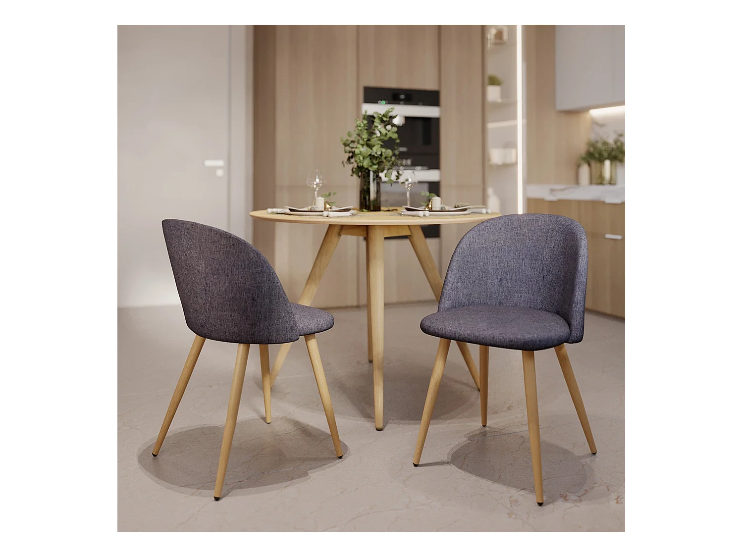 Set de 2 sillas Cozy de tela gris oscuro con patas de metal efecto madera