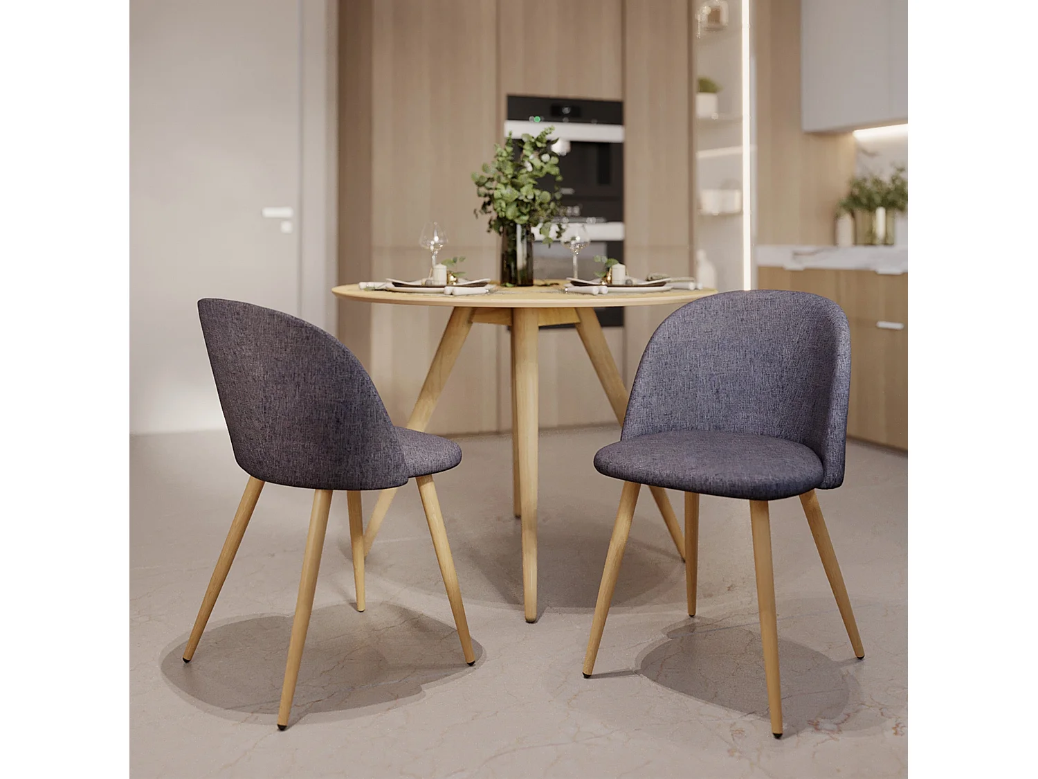 Set di 2 sedie Cozy in tessuto grigio scuro con gambe in metallo effetto legno