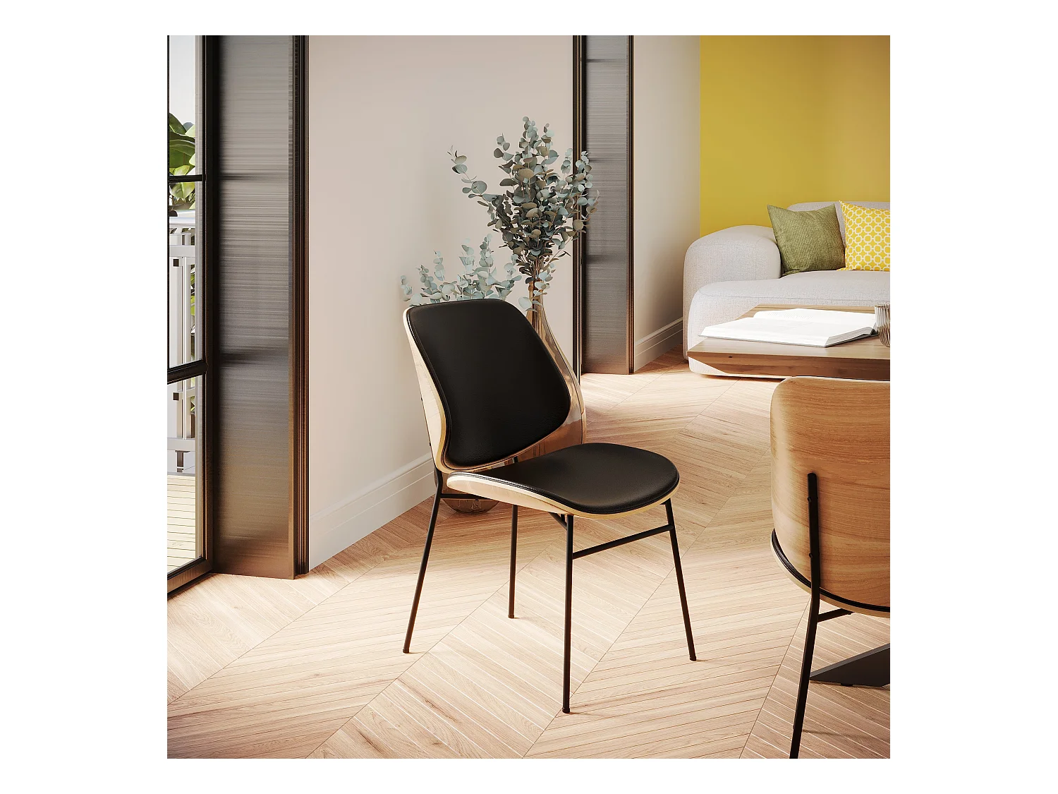 Silla de madera oscura, PU negro y patas de metal negro - Hector