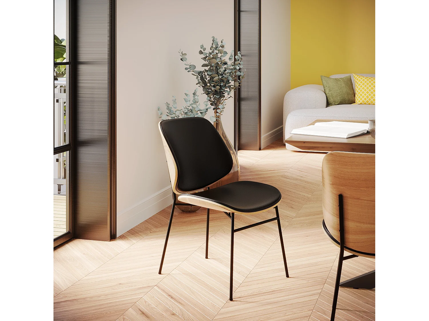 Silla de madera oscura, PU negro y patas de metal negro - Hector