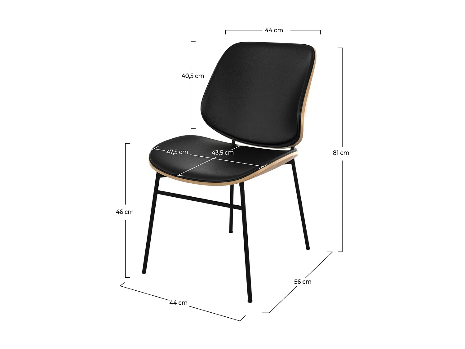 Silla de madera oscura, PU negro y patas de metal negro - Hector