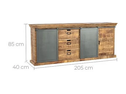 Grande credenza 3 porte 3 cassetti in legno e metallo - Tabuk