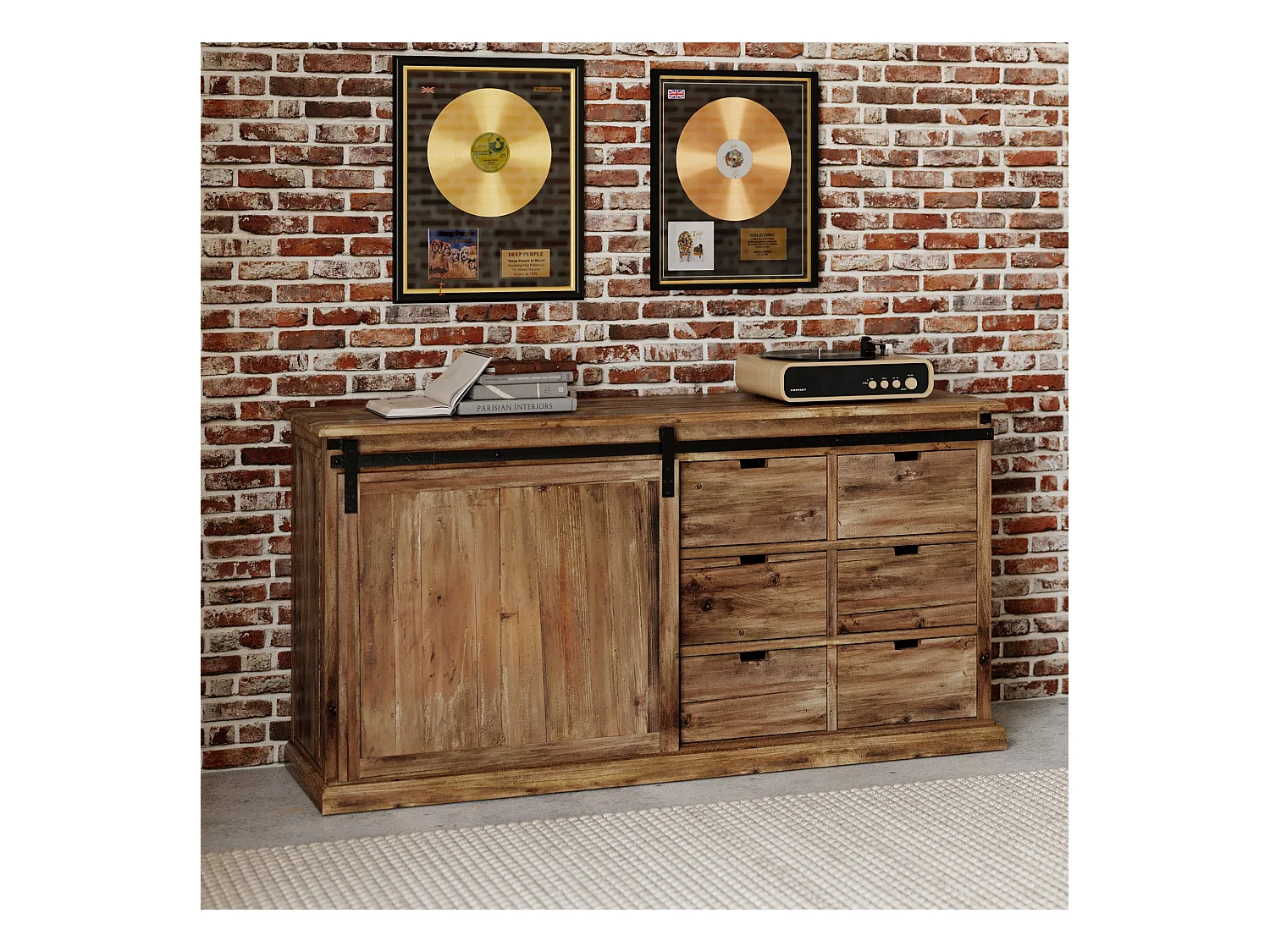 Buffet en bois recyclé, 6 tiroirs et 1 porte coulissante - Sari