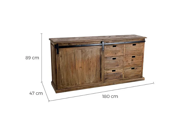 Buffet en bois recyclé, 6 tiroirs et 1 porte coulissante - Sari