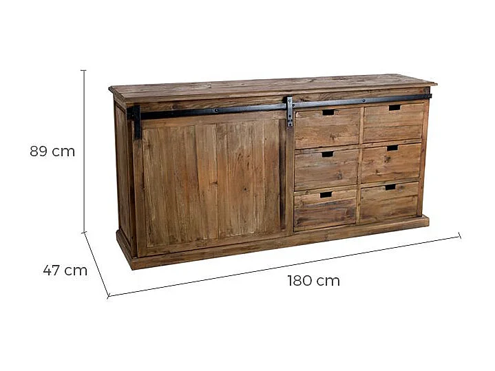Aparador de madera recuperada, 6 cajones y 1 puerta corredera - Sari