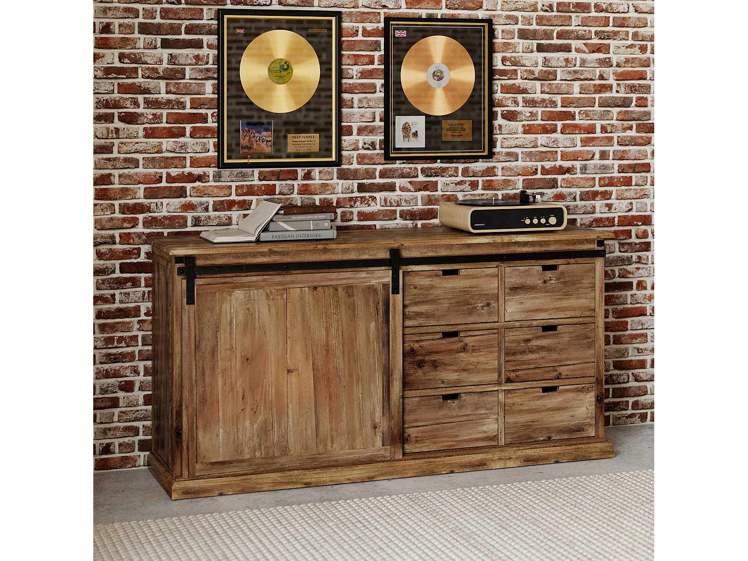 Buffet en bois recyclé, 6 tiroirs et 1 porte coulissante - Sari