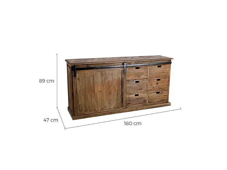 Buffet en bois recyclé, 6 tiroirs et 1 porte coulissante - Sari